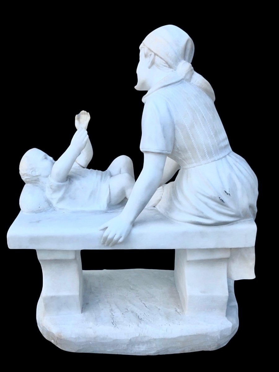 Sculpture In White Carrara Marble Depicting A Mother With Cherries In Her Mouth And Her Child. -photo-2