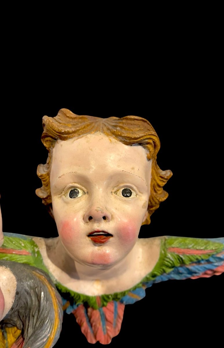 Pair Of Cherub Angels In Carved And Painted Wood. Liguria. -photo-2