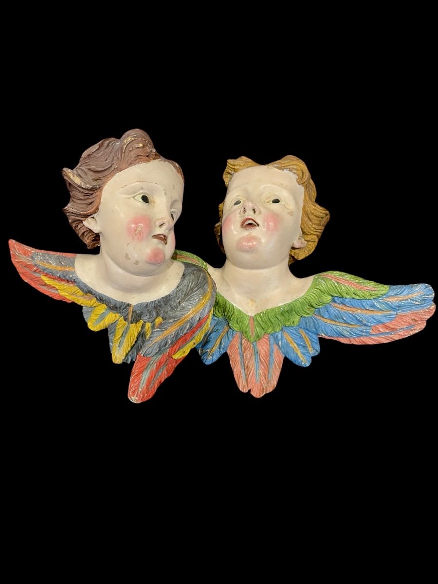 Pair Of Cherub Angels In Carved And Painted Wood. Liguria. -photo-3