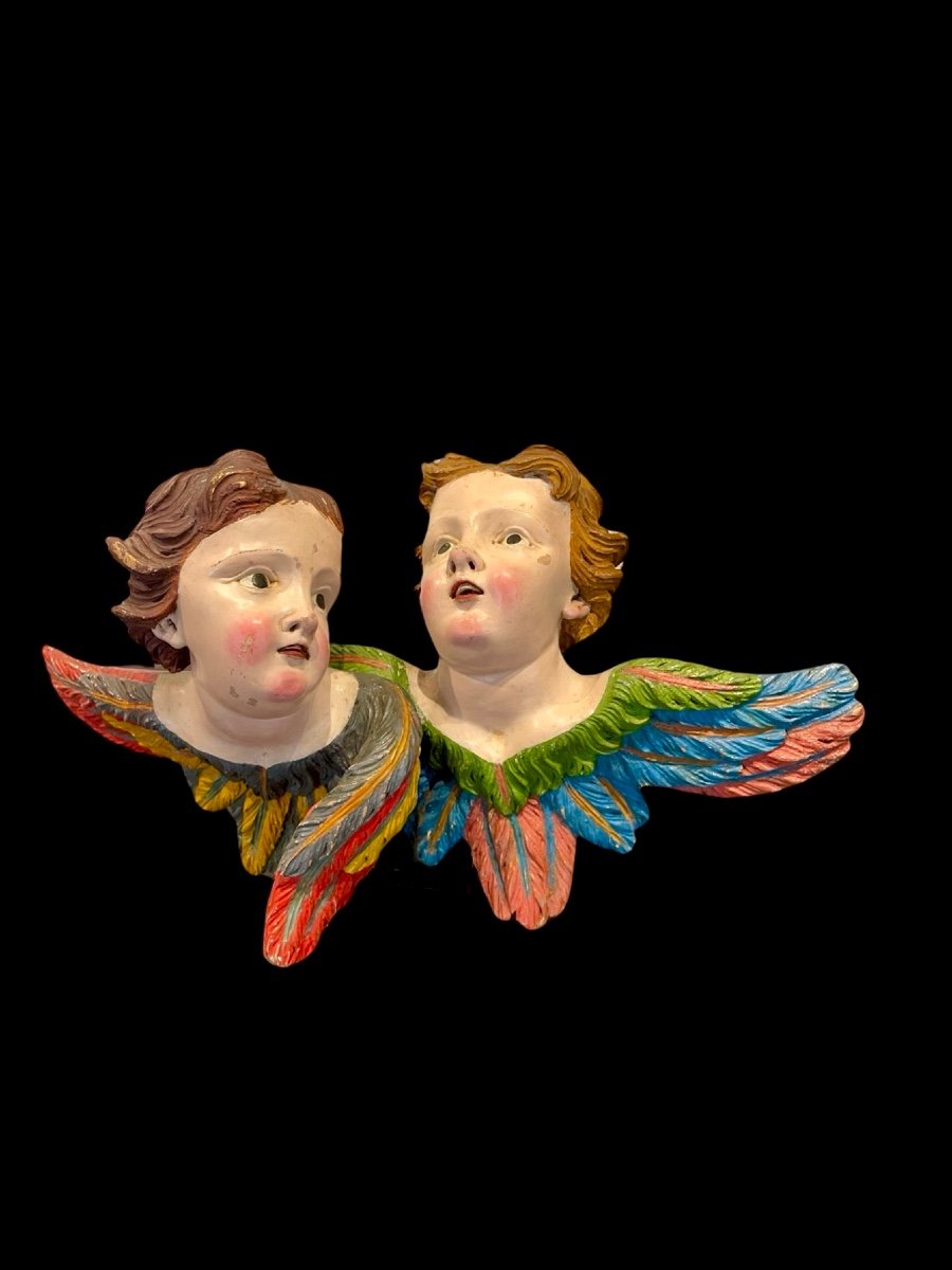 Pair Of Cherub Angels In Carved And Painted Wood. Liguria. 
