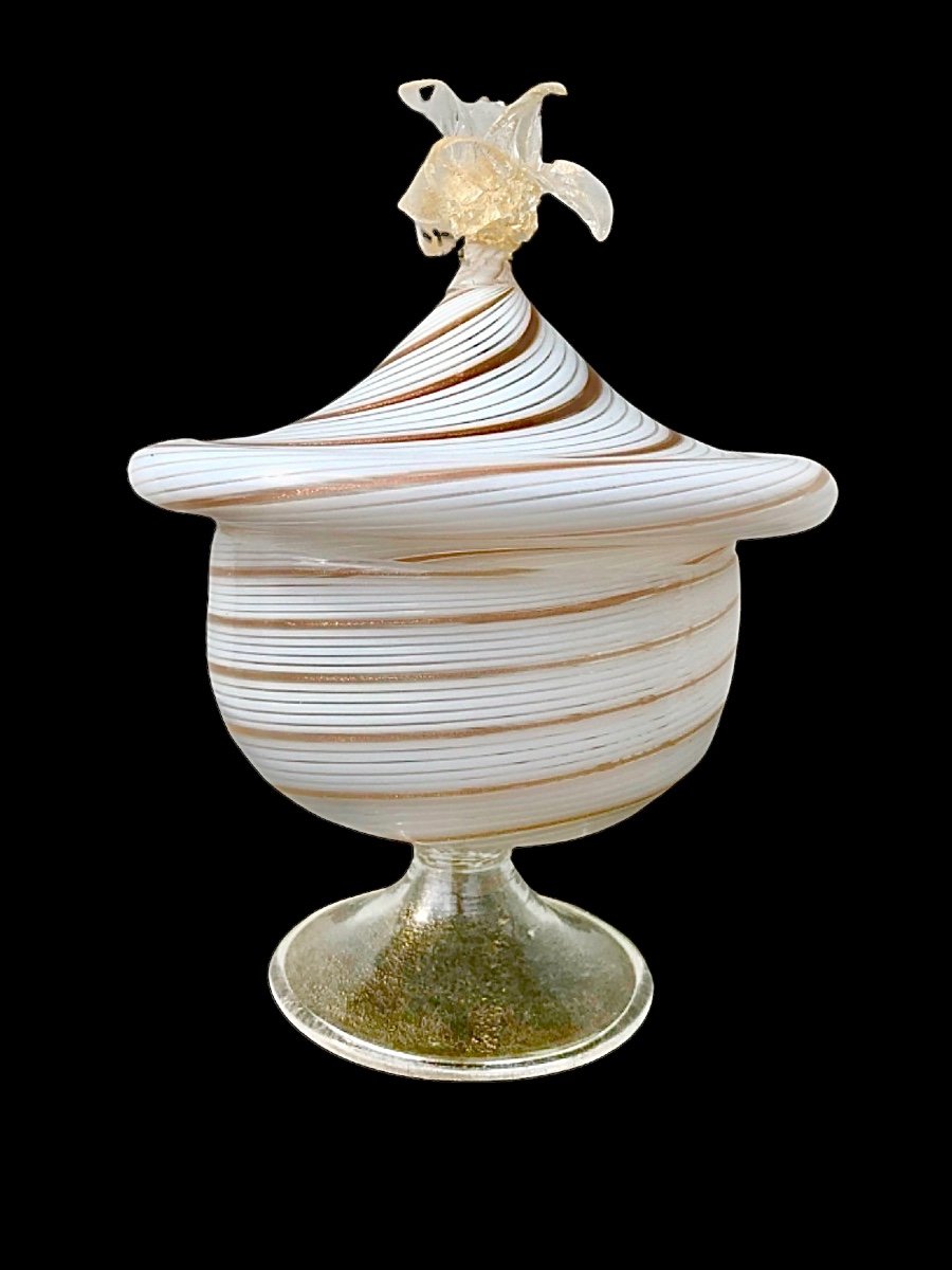 Vase With Lid And Flower Socket In Millerighe Spiral Blown Glass, Lattimo, Aventurine And Gold 