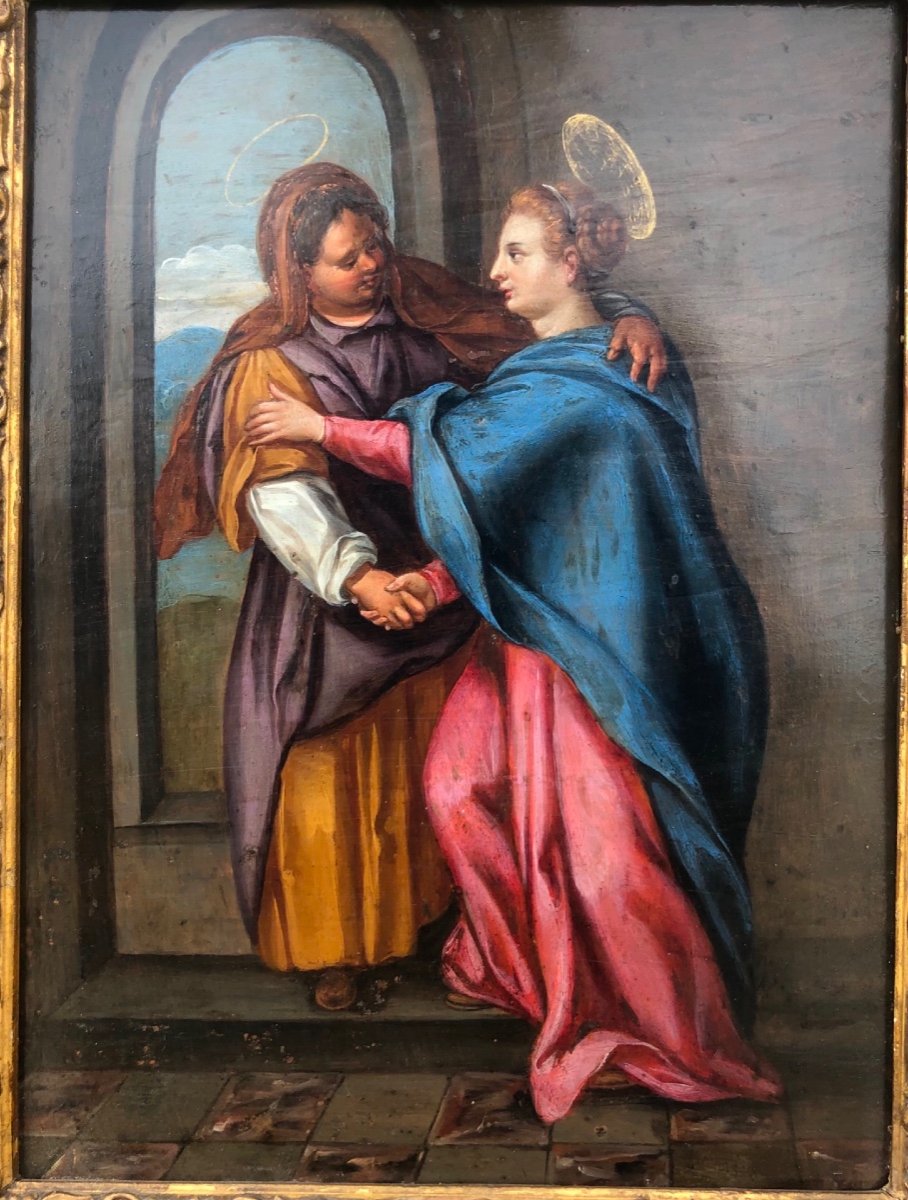 Peinture Huile Sur Cuivre Représentant La Vierge Marie Visitant Sainte Elisabeth -photo-2