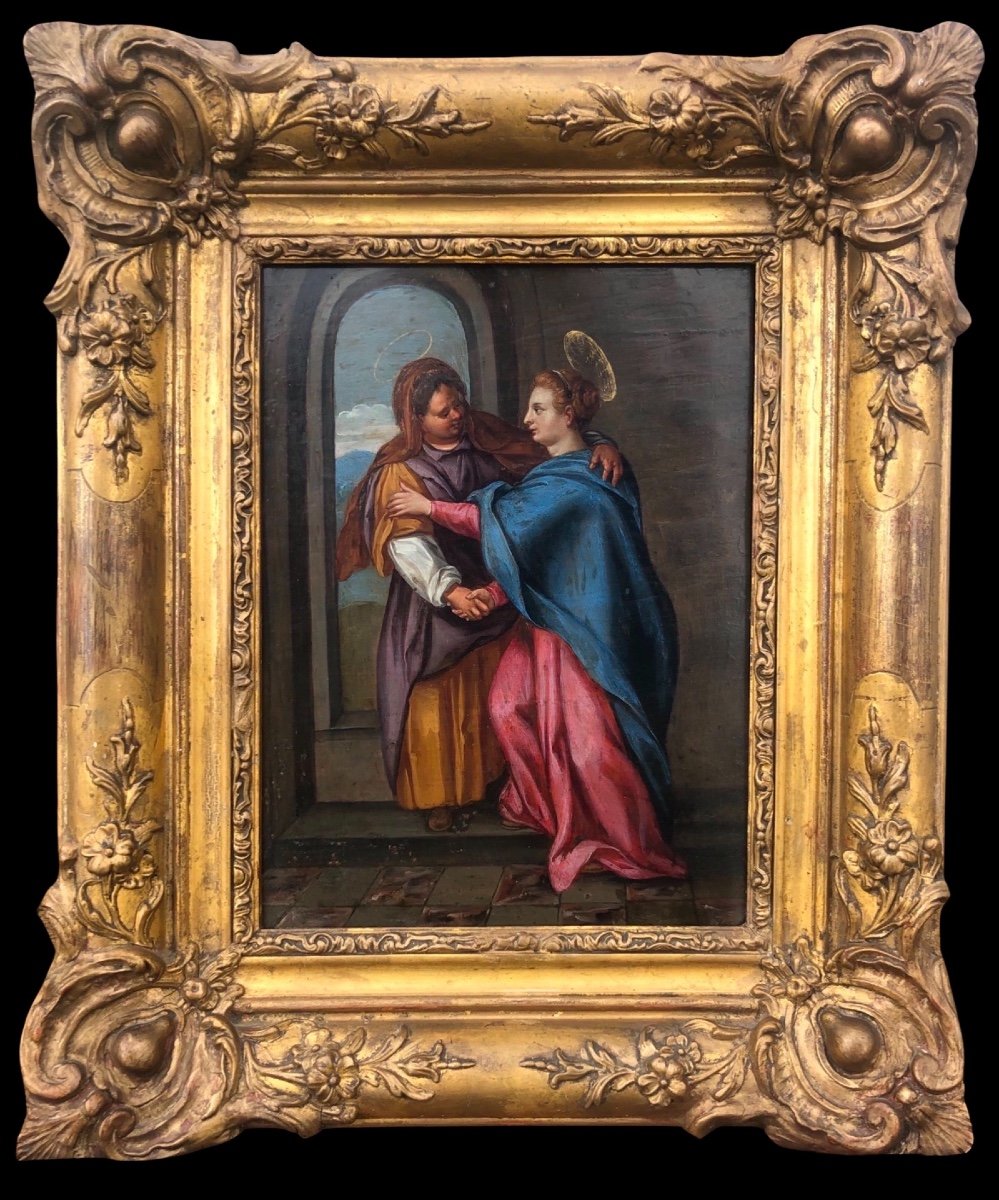 Peinture Huile Sur Cuivre Représentant La Vierge Marie Visitant Sainte Elisabeth 