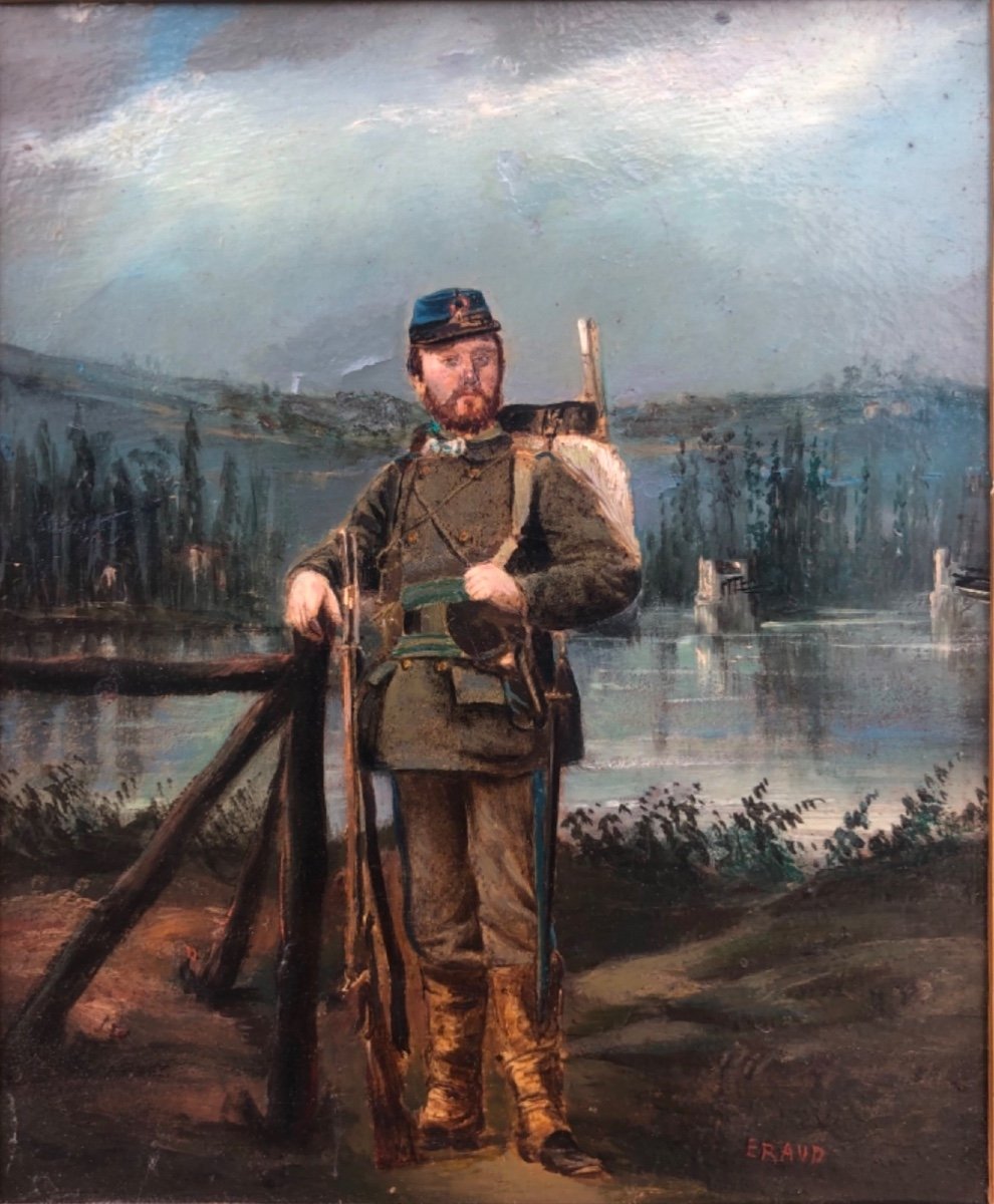 Oil Painting On Cardboard With The Figure Of A Soldier On A Rural Background. -photo-2