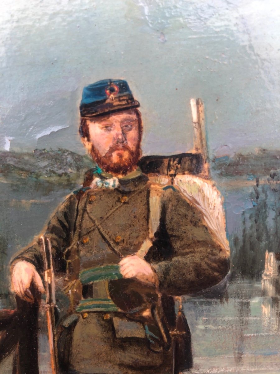Oil Painting On Cardboard With The Figure Of A Soldier On A Rural Background. -photo-3