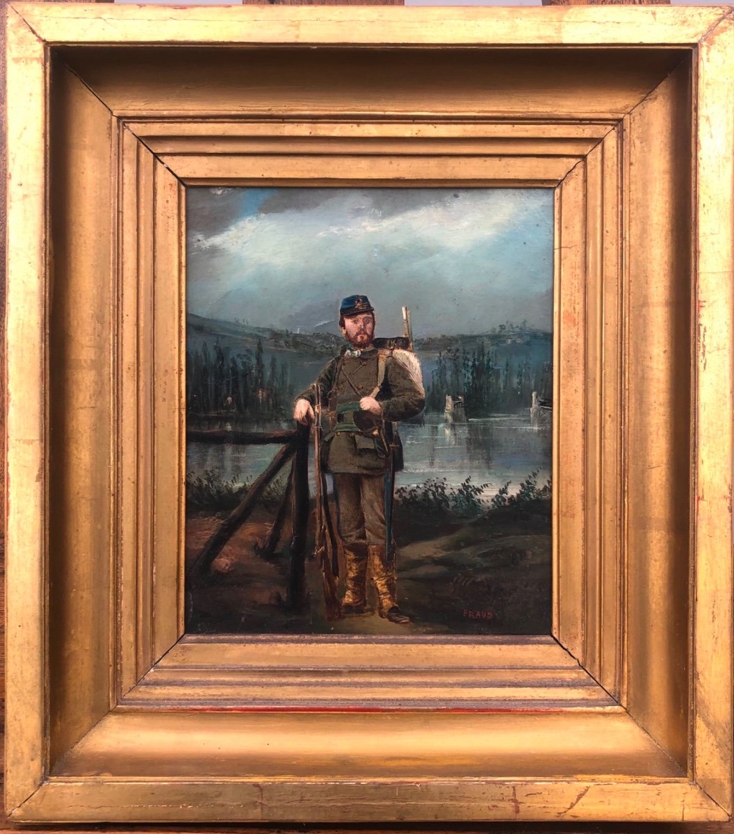 Oil Painting On Cardboard With The Figure Of A Soldier On A Rural Background. 