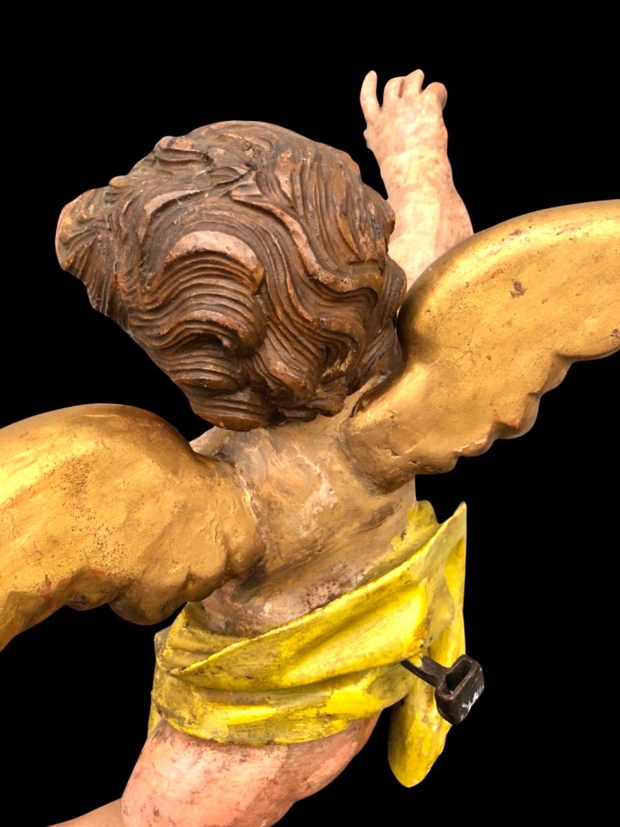 Polychrome Carved Wooden Sculpture Depicting An Angel With Spread Wings. Liguria. -photo-4