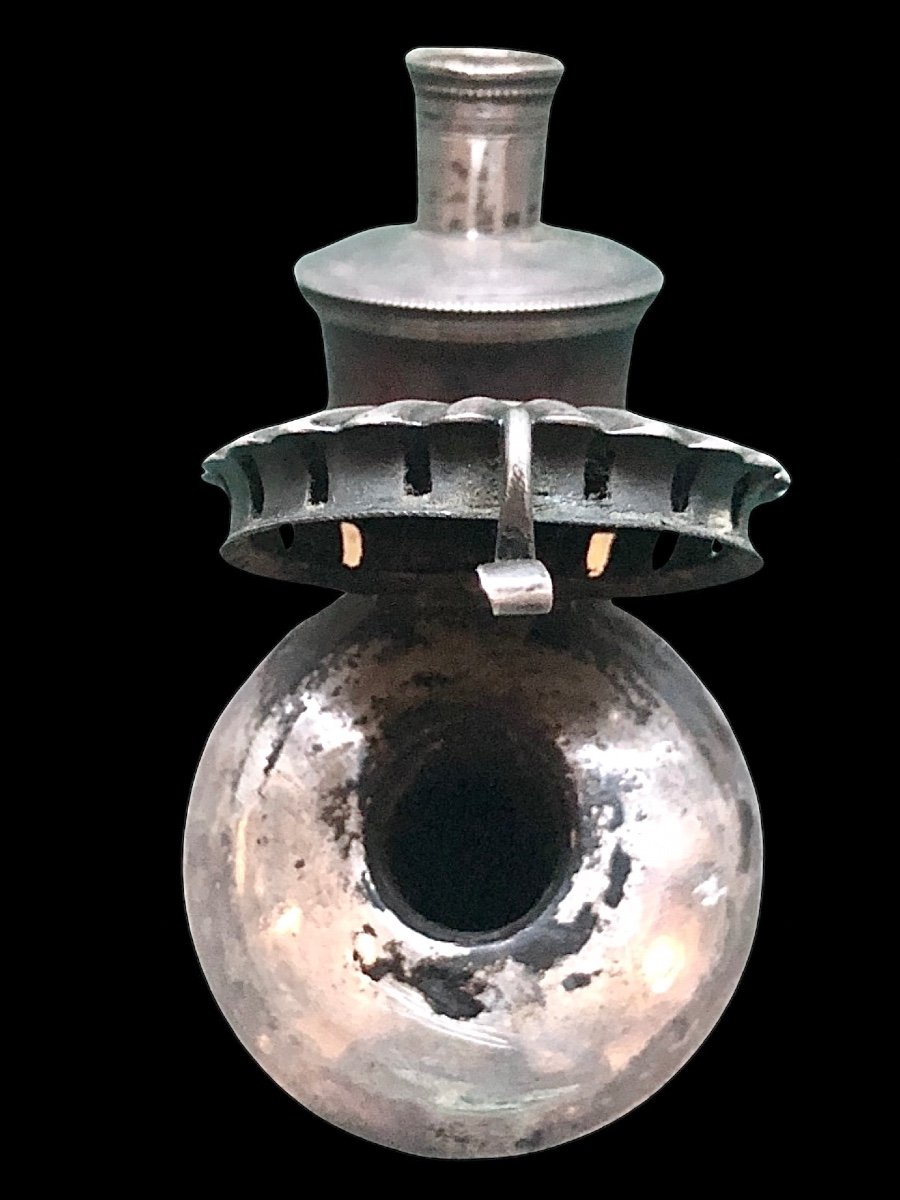 Pipe à Corps Globulaire En écume De Mer Et Argent à Motifs Géométriques. Embout En Corne.-photo-3