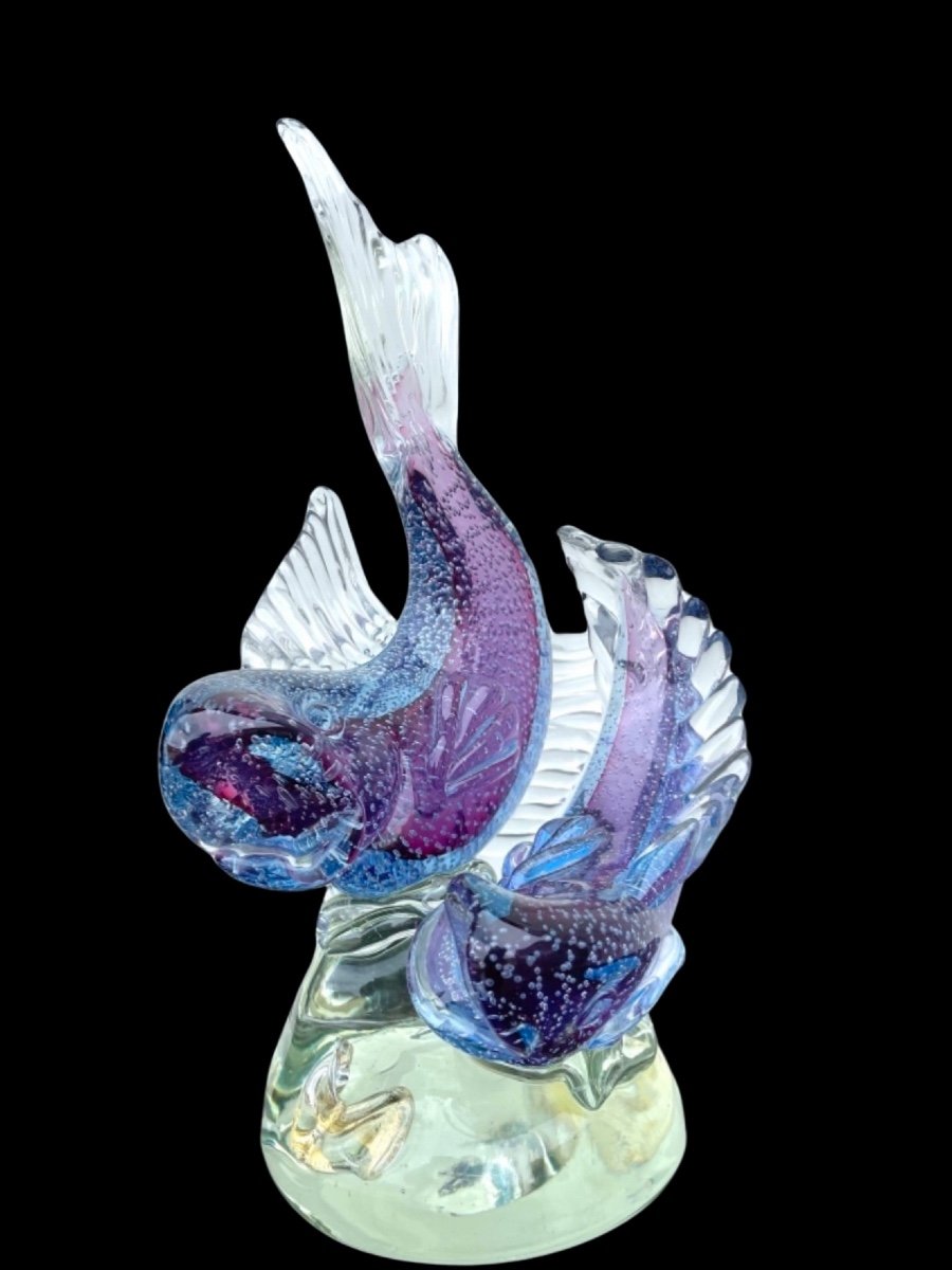 Pair Of Fish In Heavy Bullicante Amethyst Submerged Glass.flavio Poli For Seguso Vetri d'Arte-photo-1