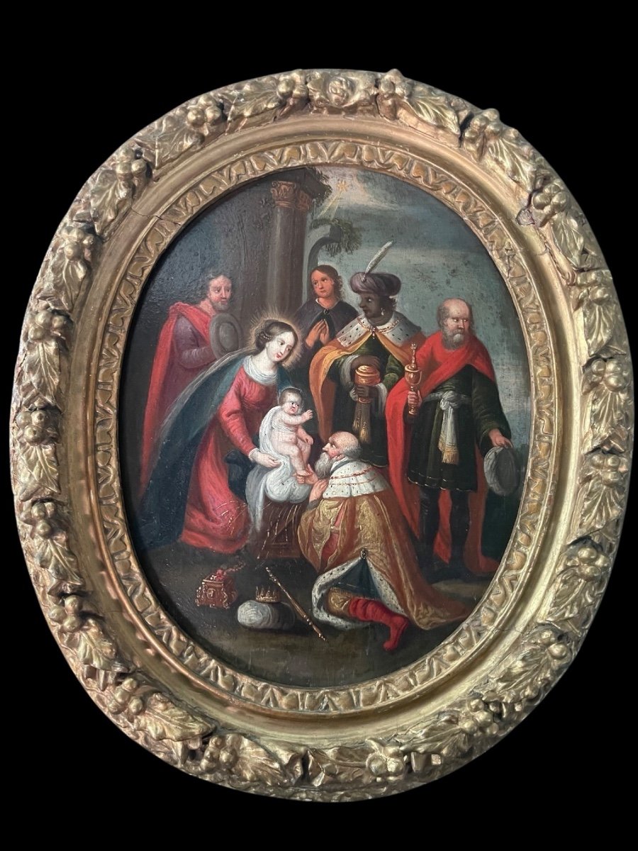 Flemish Oil Painting On Panel Depicting The Adoration Of The Magi. 