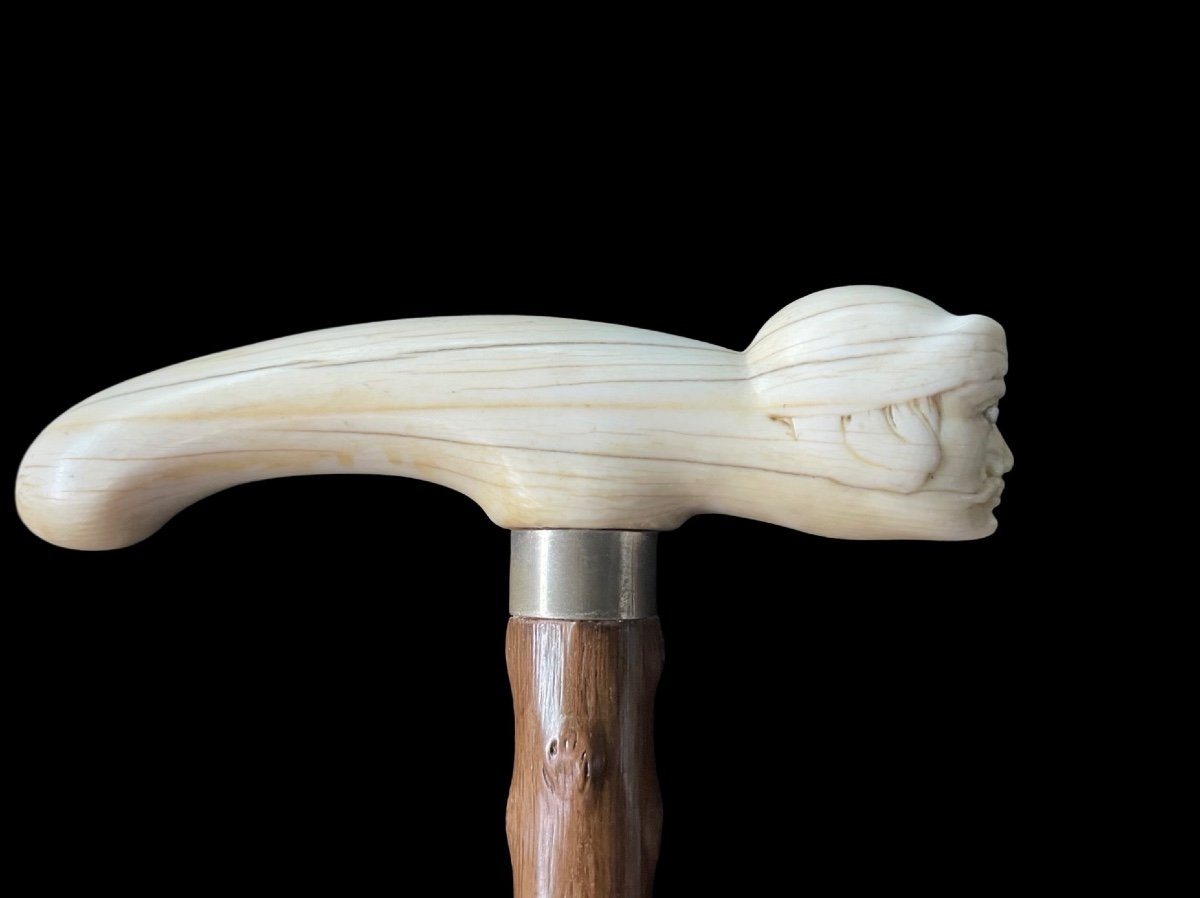 Ivory Stick With Tau Handle And Warrior Head With Helmet. Rosewood Cane. 12.5x3x2.5 Cm. H: 85cm-photo-2