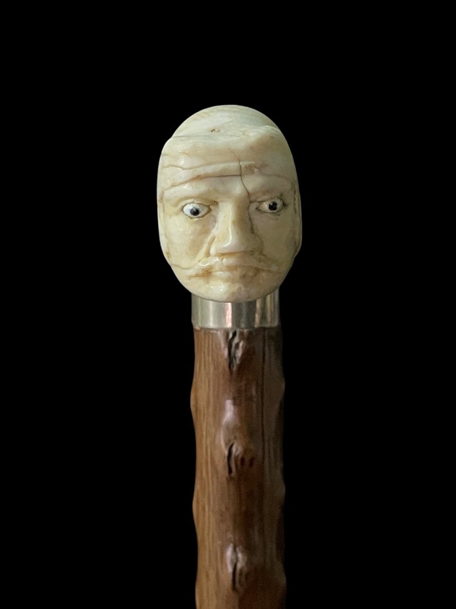 Ivory Stick With Tau Handle And Warrior Head With Helmet. Rosewood Cane. 12.5x3x2.5 Cm. H: 85cm-photo-3