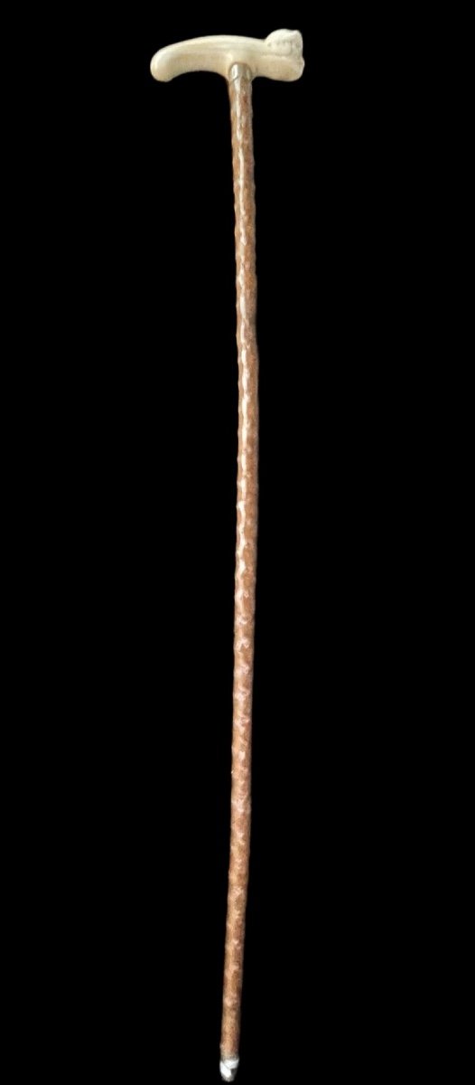 Ivory Stick With Tau Handle And Warrior Head With Helmet. Rosewood Cane. 12.5x3x2.5 Cm. H: 85cm-photo-2