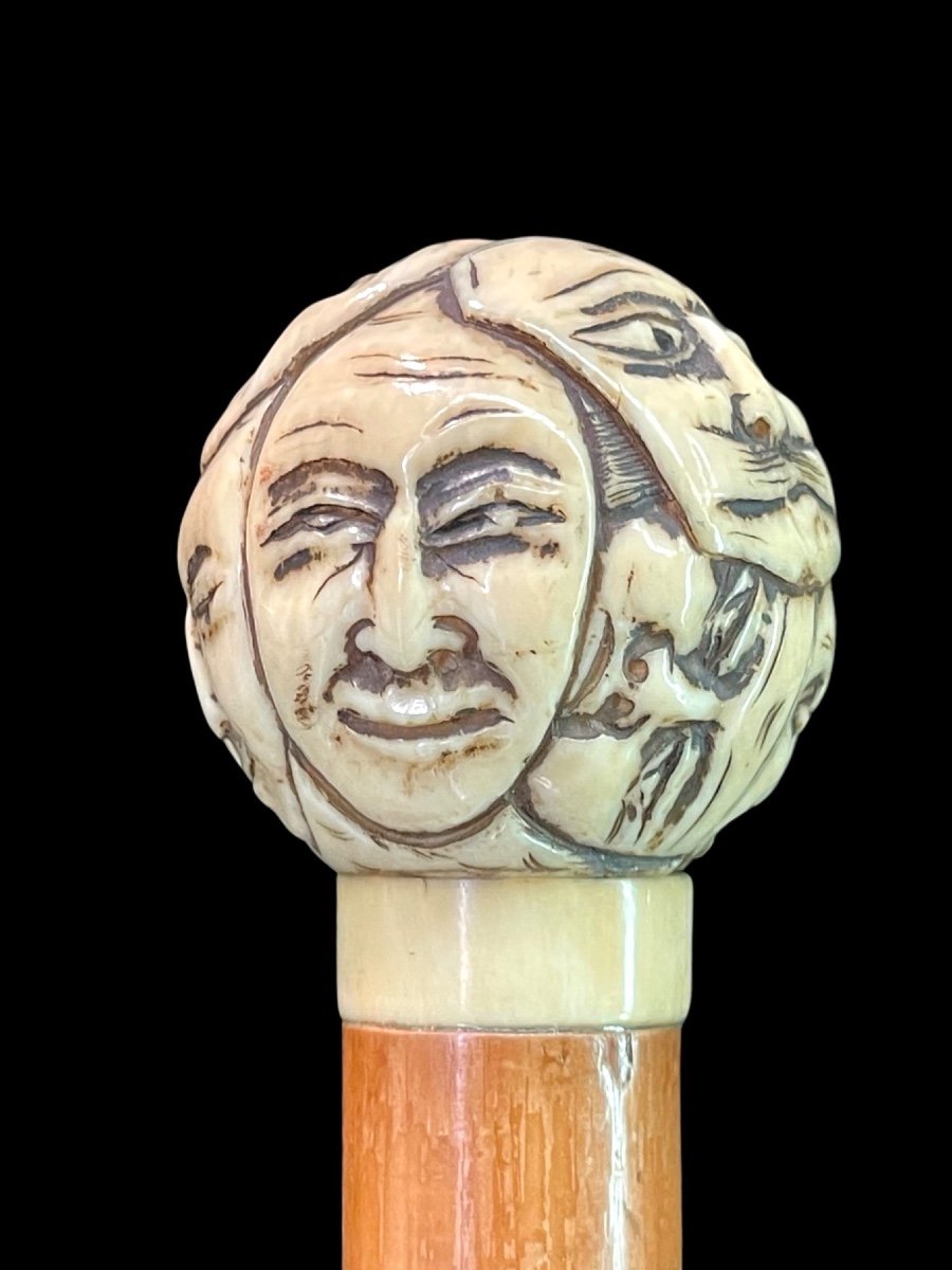 Stick With Round Ivory Knob Carved With Masks From The Commedia Dell'arte. Japan. -photo-2