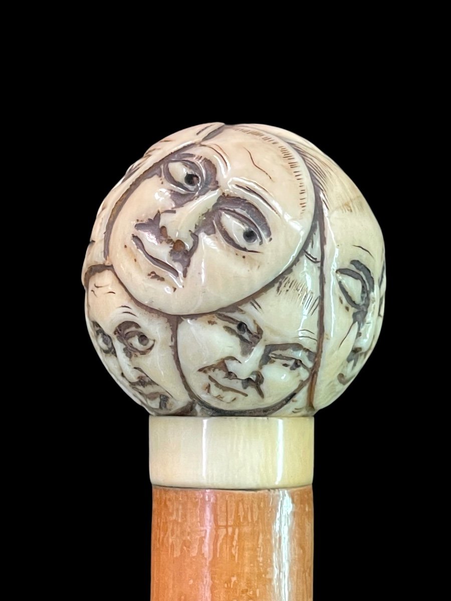 Stick With Round Ivory Knob Carved With Masks From The Commedia Dell'arte. Japan. -photo-4