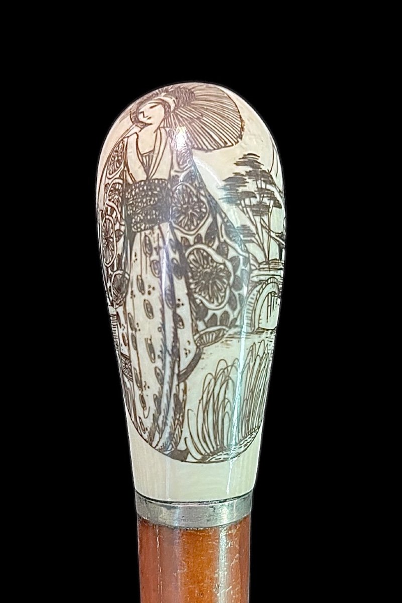 Stick With Lateral Globular Ivory Knob With Engraving Depicting A Japanese Female Figure -photo-2