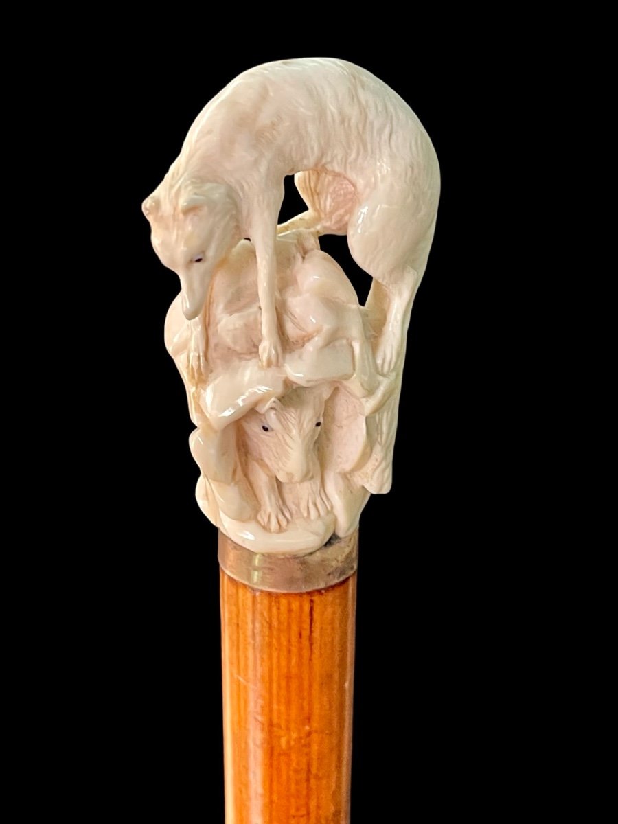 Stick With Ivory Knob Depicting A Wolf Hunting Prey Hidden In A Cave. 