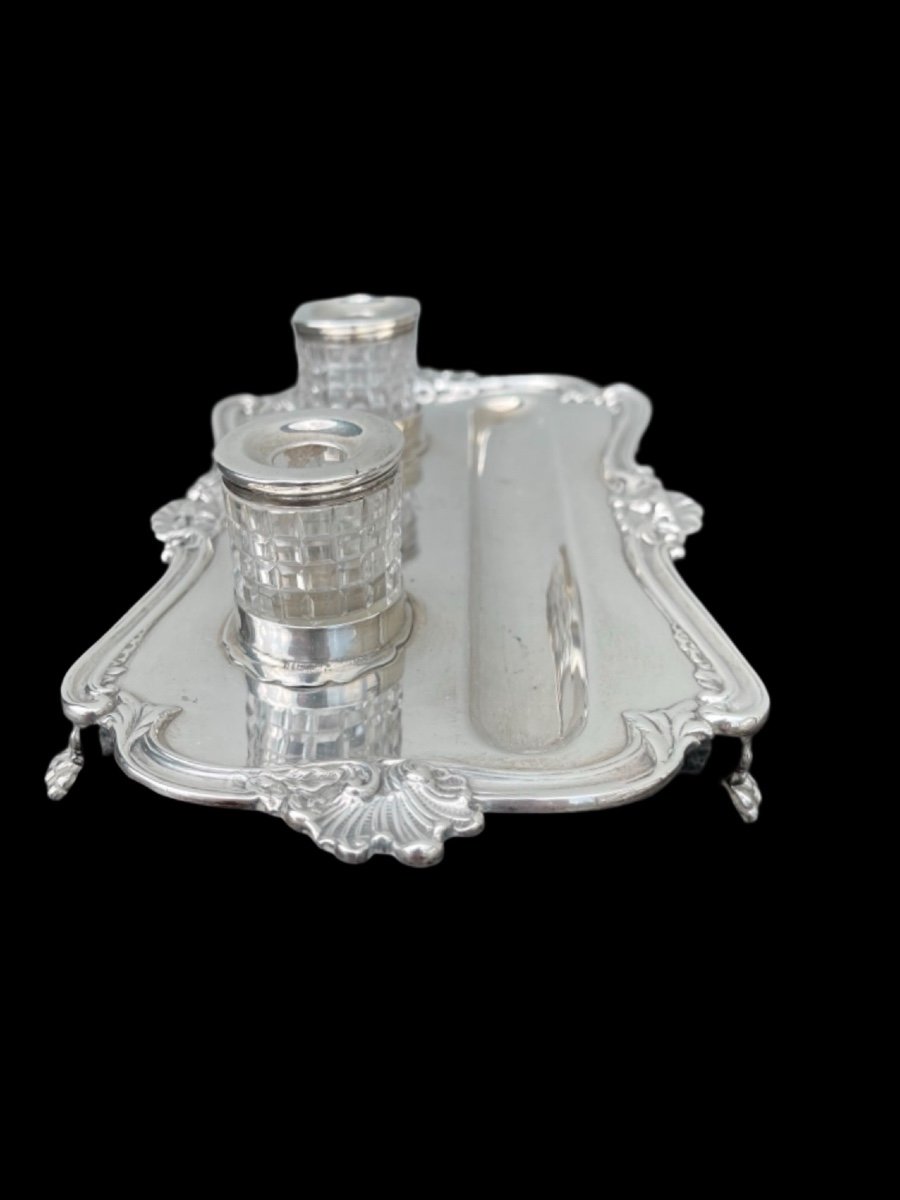 Encrier En Argent à Pieds De Lion Et Motifs Rocaille Et Végétaux Art Nouveau -photo-2