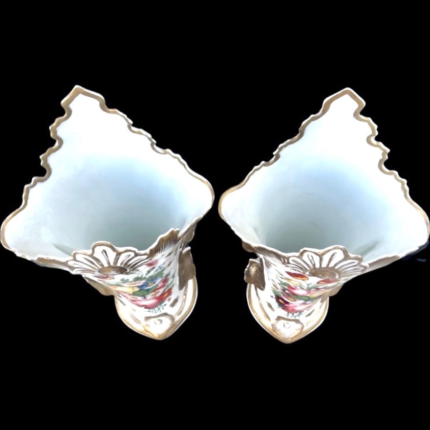 Pair Of Trumpet-shaped Porcelain Vases With Leaf Handles, Embossed Plant Motifs -photo-1