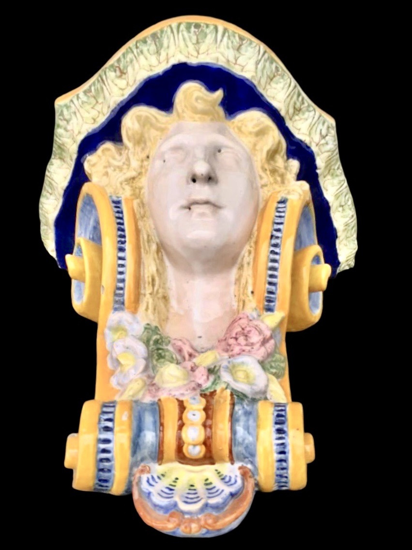 Majolica Shelf With Neoclassical Face And Floral And Geometric Motifs In Relief..minardi -photo-2