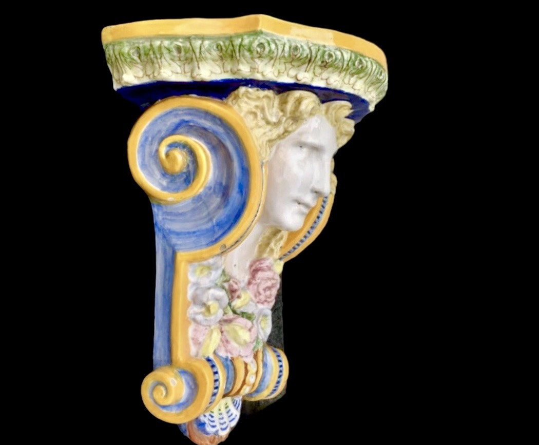 Majolica Shelf With Neoclassical Face And Floral And Geometric Motifs In Relief..minardi -photo-3