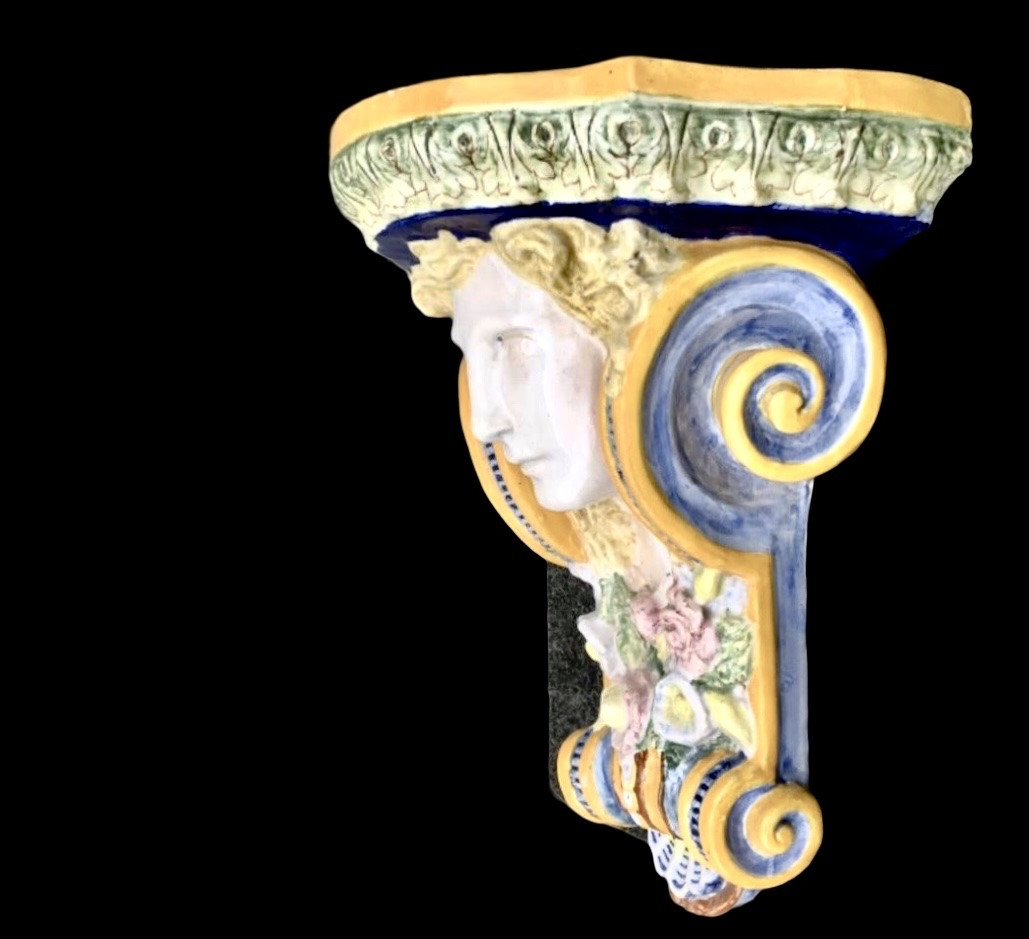 Majolica Shelf With Neoclassical Face And Floral And Geometric Motifs In Relief..minardi -photo-4