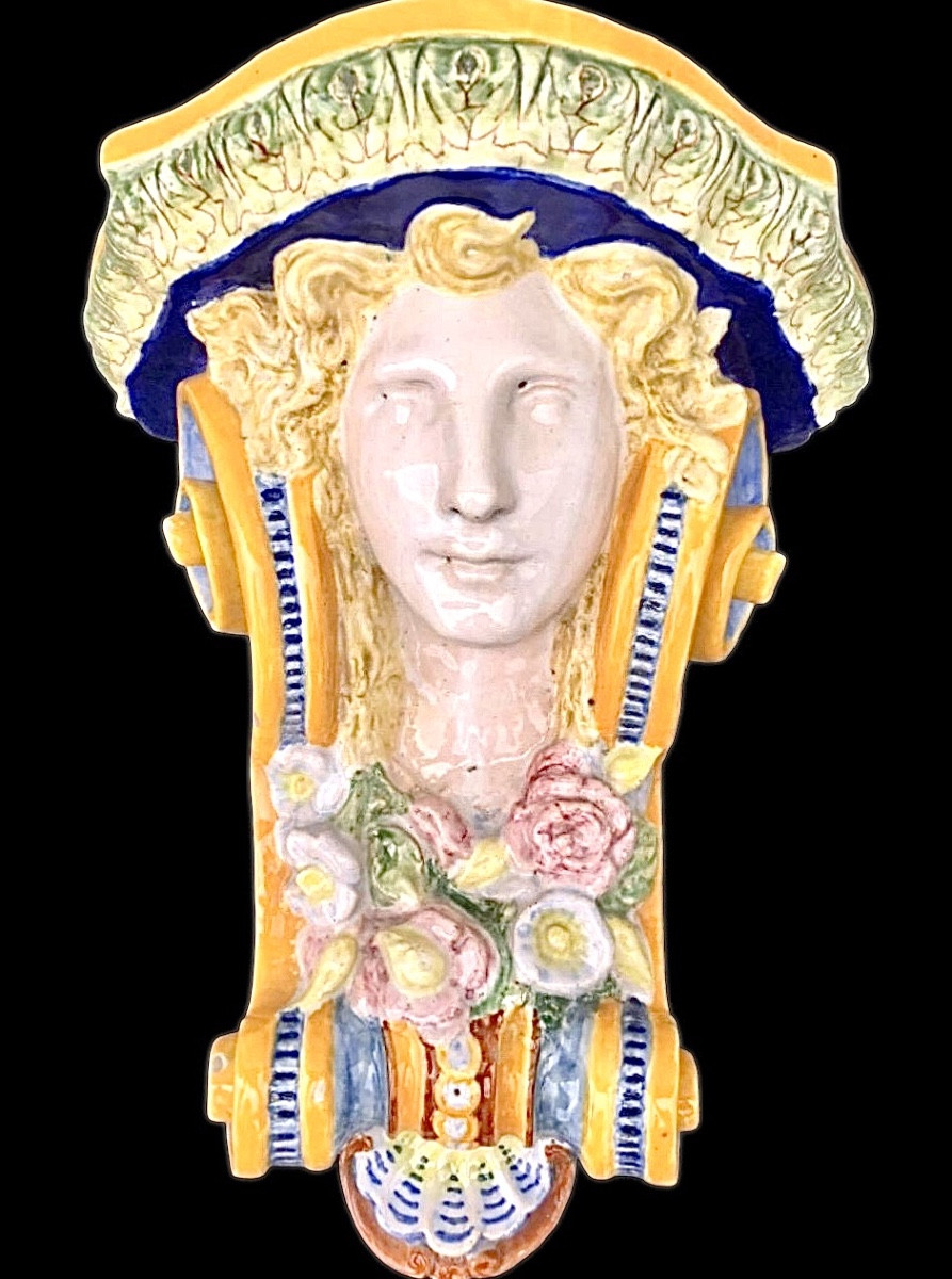 Majolica Shelf With Neoclassical Face And Floral And Geometric Motifs In Relief..minardi 
