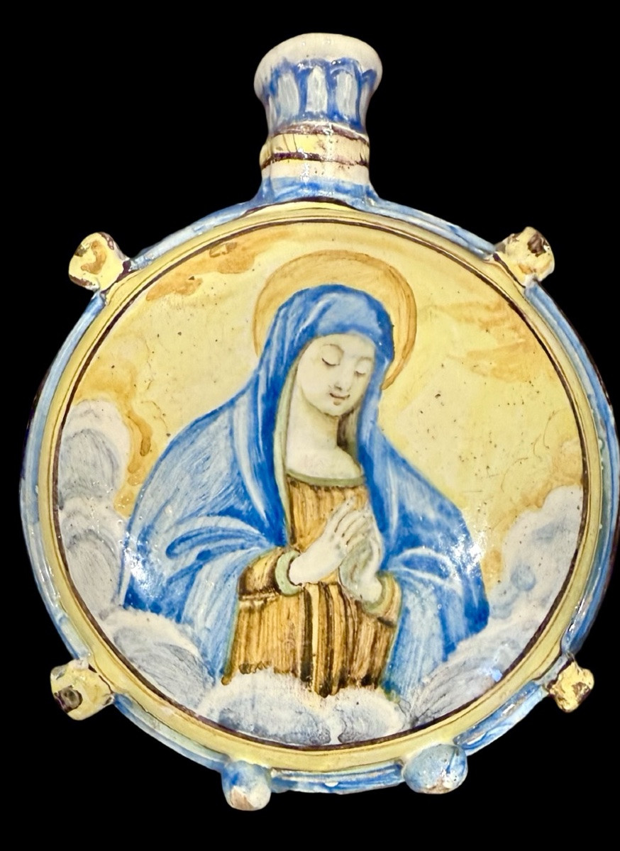 Flasque de pèlerin en majolique représentant saint Antoine de Padoue et la Madone. Castelli -photo-2