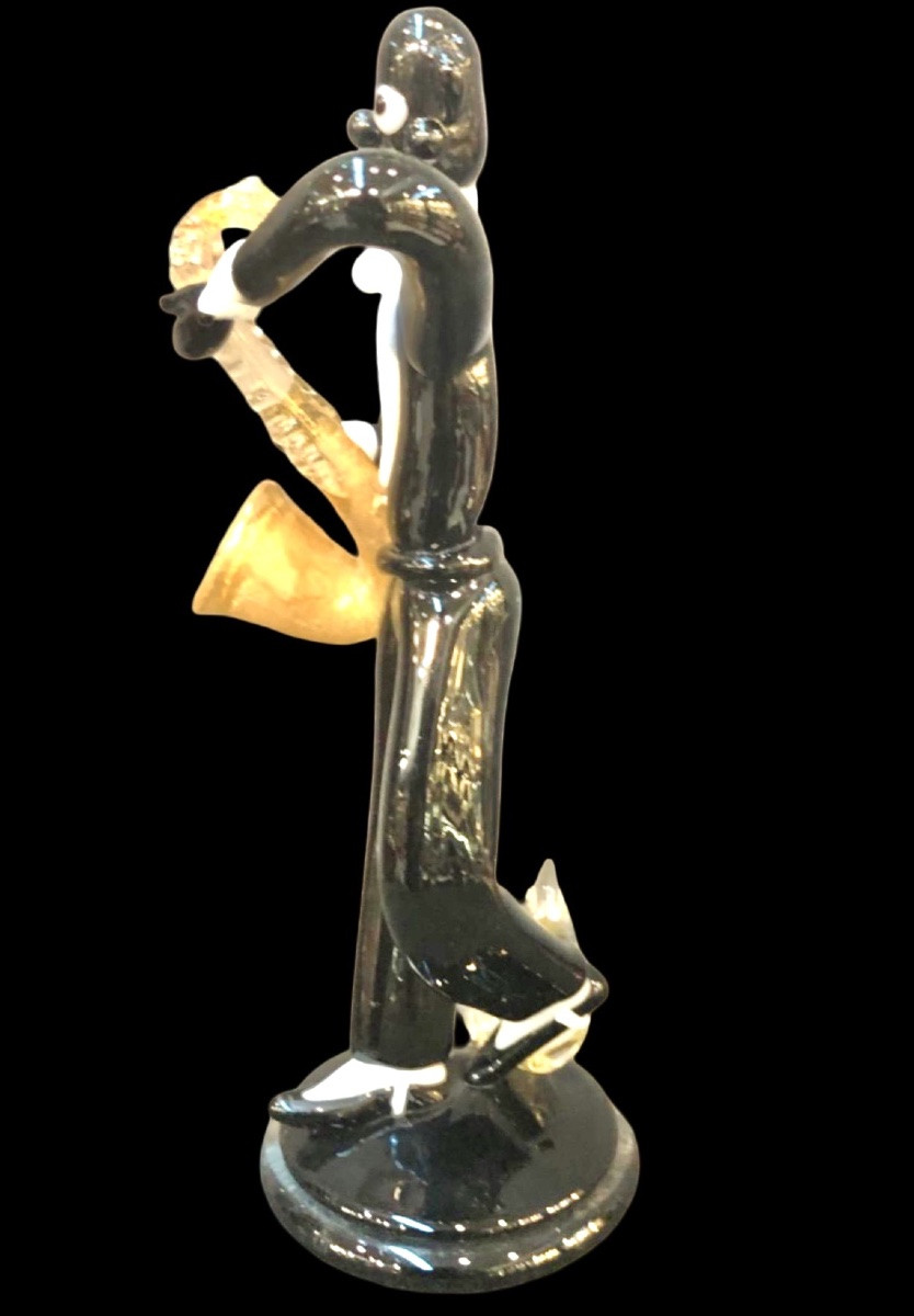 Figurine de musicien de jazz en verre noir massif.Seguso,Murano.-photo-2