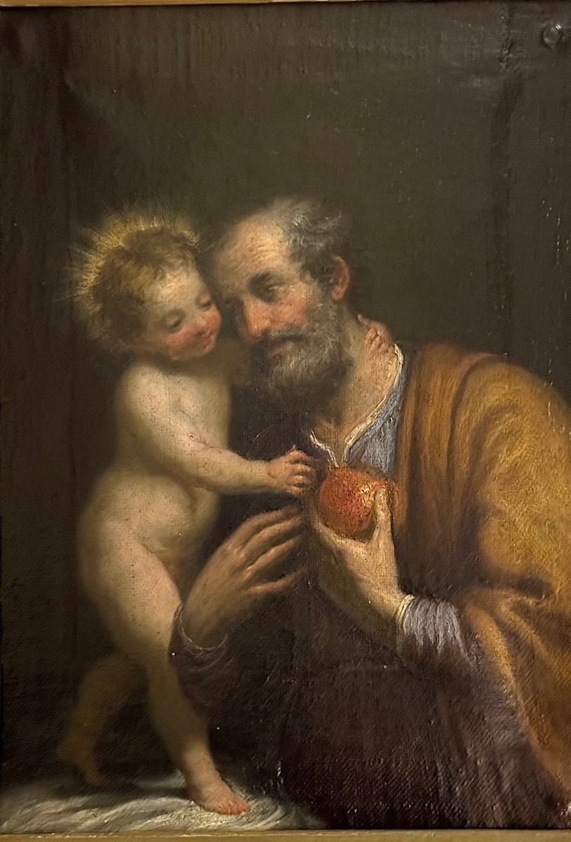 Peinture à l'huile sur toile représentant saint Joseph et l’énfant Jesus.-photo-2