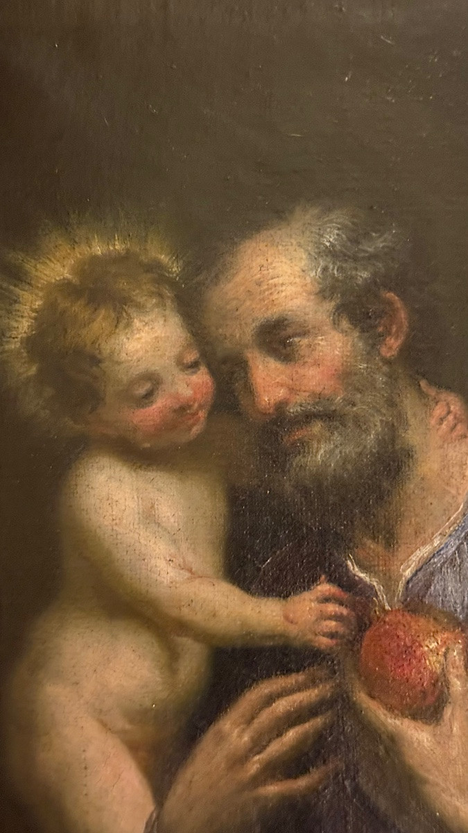 Peinture à l'huile sur toile représentant saint Joseph et l’énfant Jesus.-photo-3