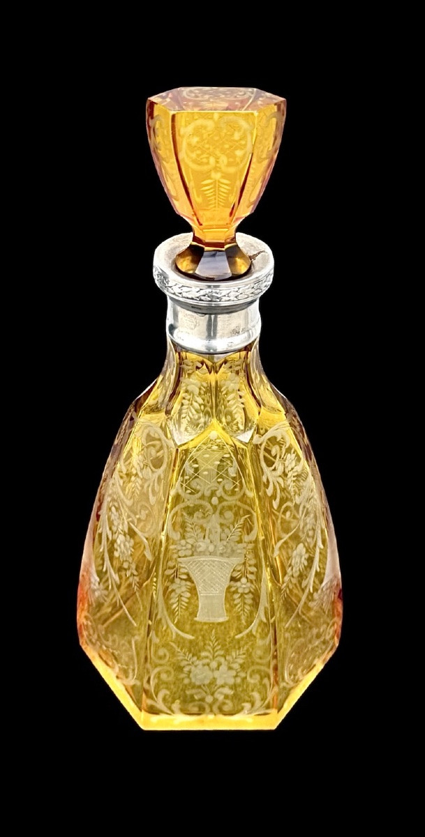 Hexagonal Crystal Bottle With Floral And Rocaille Motifs. Silver Neck With Italian Hallmark. -photo-2