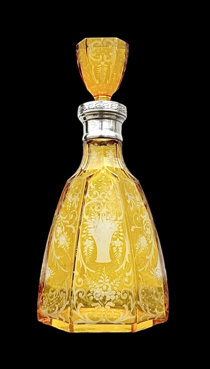 Hexagonal Crystal Bottle With Floral And Rocaille Motifs. Silver Neck With Italian Hallmark. -photo-3