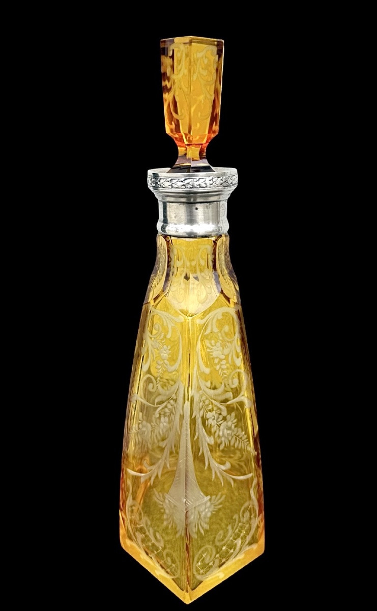 Hexagonal Crystal Bottle With Floral And Rocaille Motifs. Silver Neck With Italian Hallmark. -photo-2