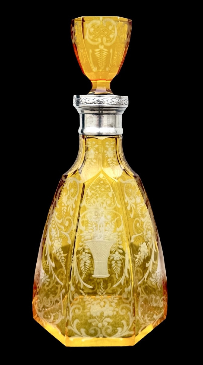 Hexagonal Crystal Bottle With Floral And Rocaille Motifs. Silver Neck With Italian Hallmark. 