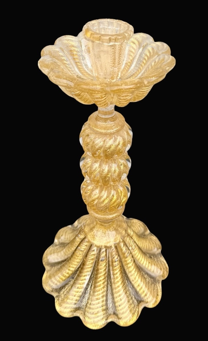 Bougeoir en verre épais avec base et coupe bordées d'or .Barovier &Toso.-photo-2