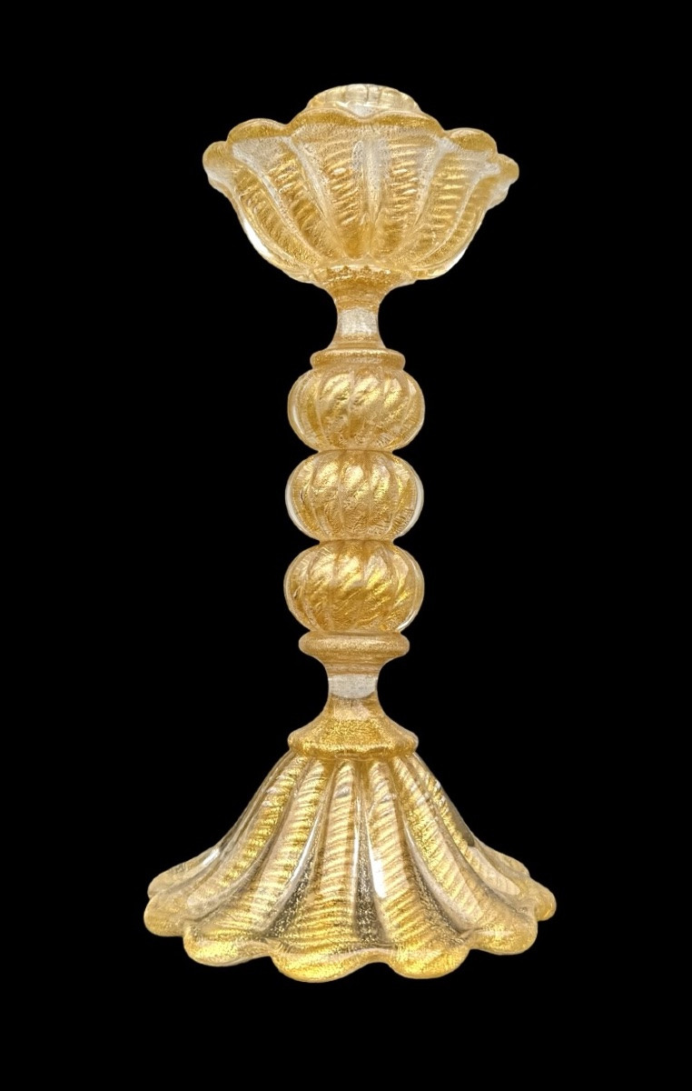 Bougeoir en verre épais avec base et coupe bordées d'or .Barovier &Toso.-photo-3