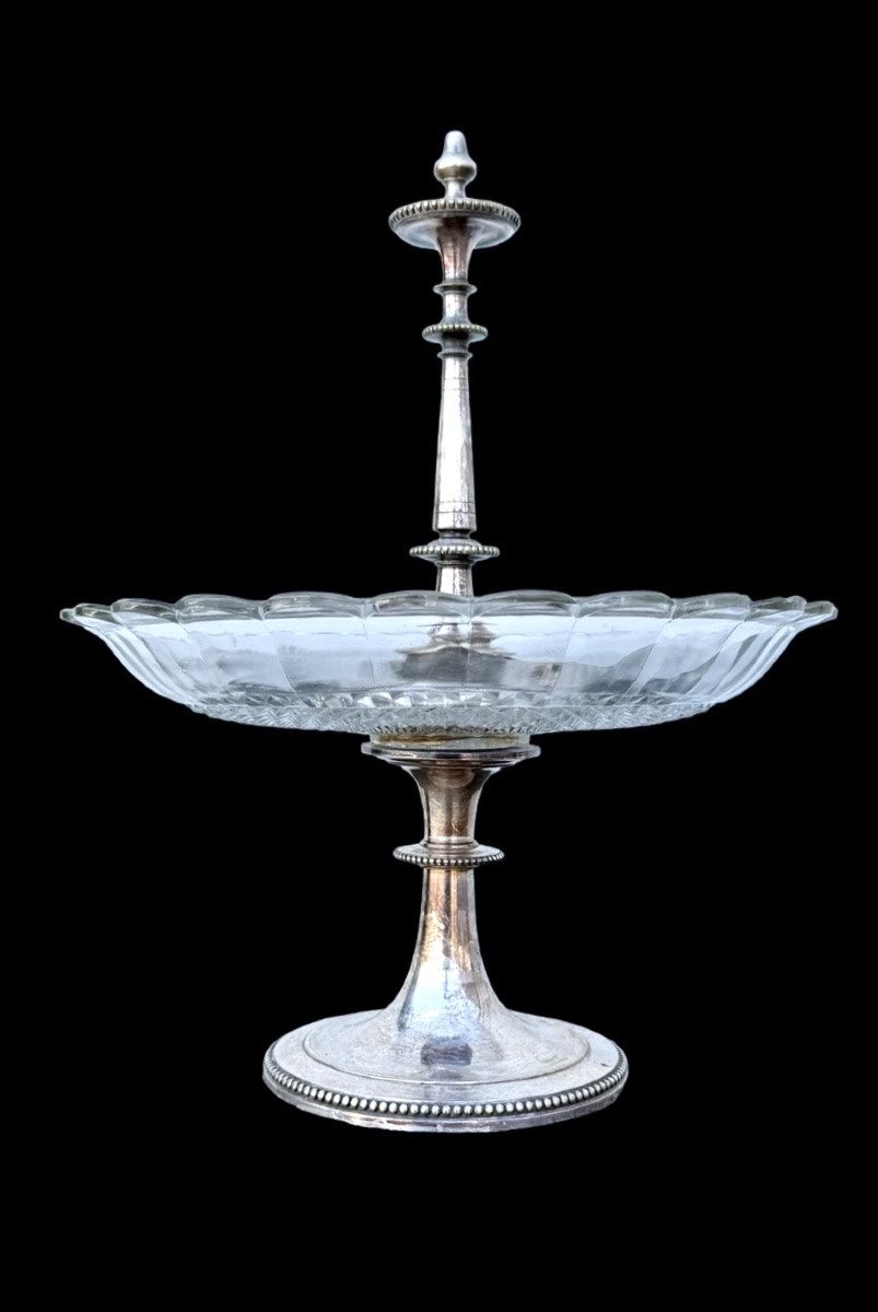 Centerpiece - Fruit Bowl In Silver-plated Metal With A Wide Base And Molded Handle -photo-2