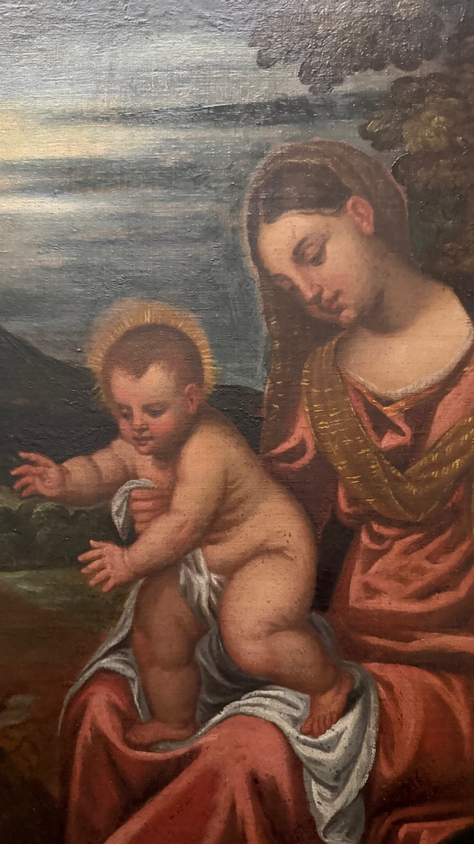 Huile sur toile représentant la Sainte Famille avec saint Jean enfant. -photo-2