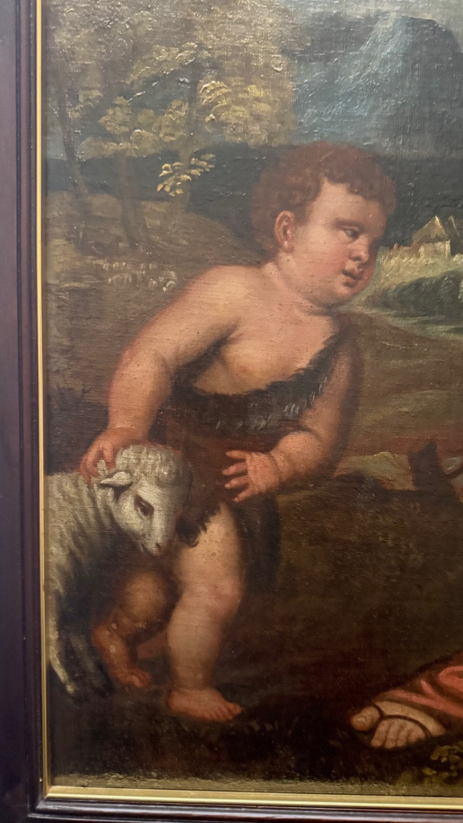 Huile sur toile représentant la Sainte Famille avec saint Jean enfant. -photo-3