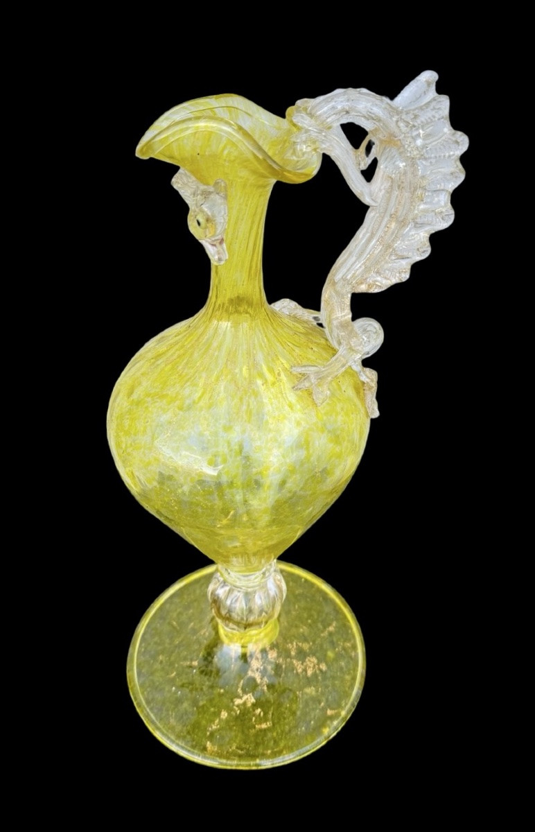 Balloton Glass Pouring Vase With Dragon-shaped Handle And Gold Leaf Inclusions. Original Label-photo-2