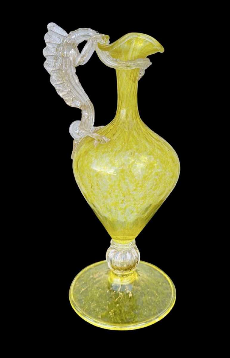 Balloton Glass Pouring Vase With Dragon-shaped Handle And Gold Leaf Inclusions. Original Label-photo-4