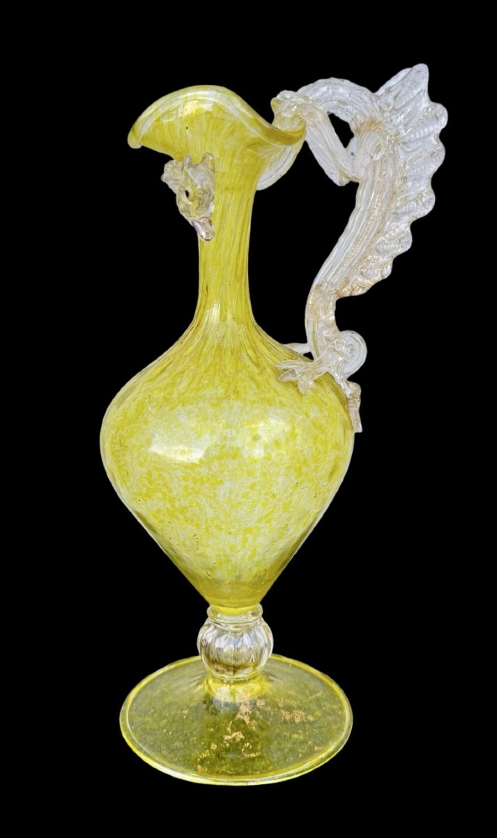 Balloton Glass Pouring Vase With Dragon-shaped Handle And Gold Leaf Inclusions. Original Label