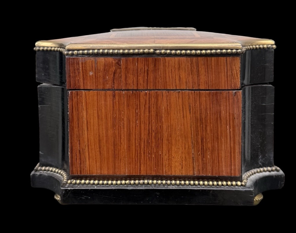 Wooden Box Inlaid With Geometric Motifs And Painted Porcelain Medallion -photo-4