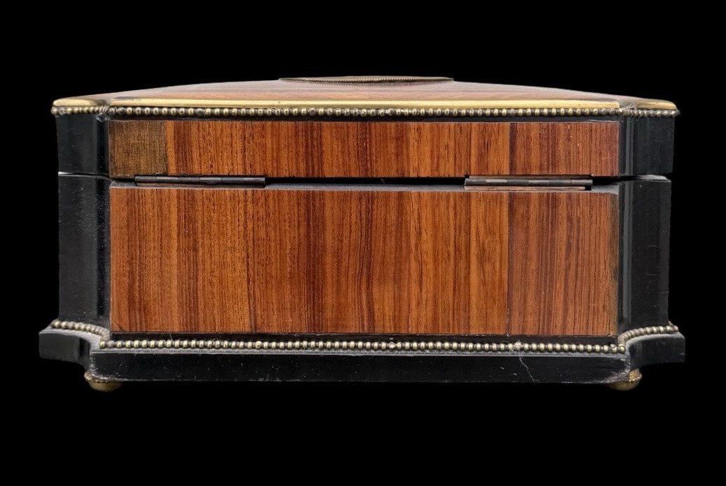 Wooden Box Inlaid With Geometric Motifs And Painted Porcelain Medallion -photo-2