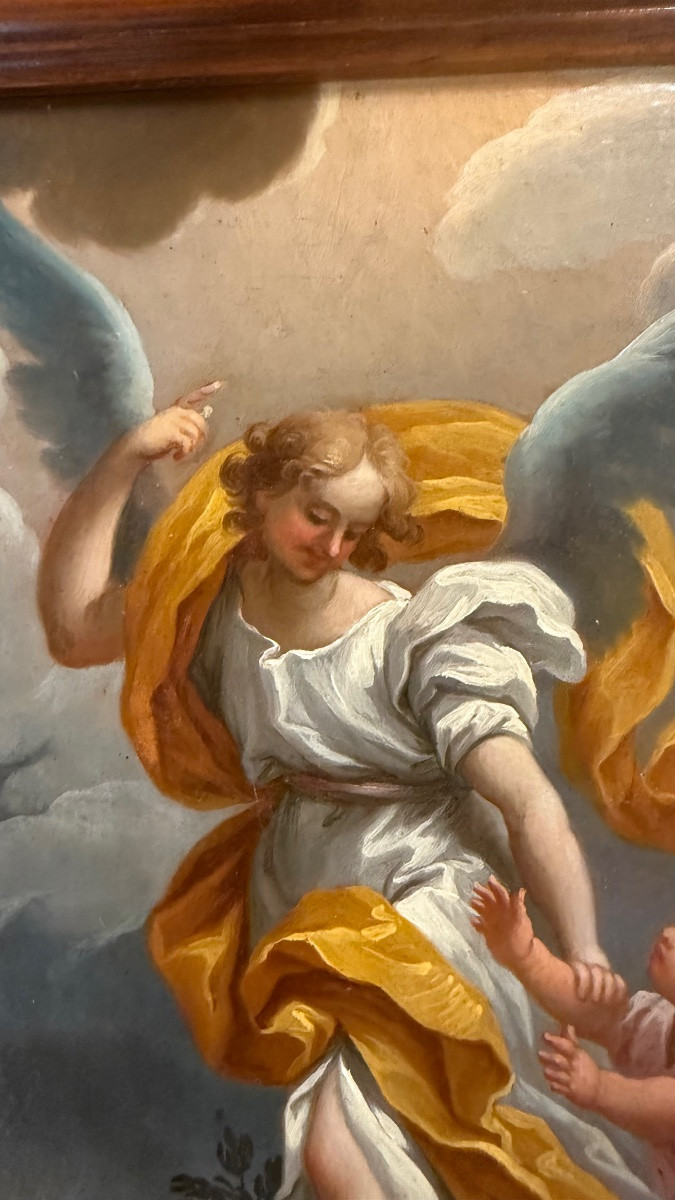 Oil On Canvas Depicting A Guardian Angel With A Child. (relined). By Pietro Da Cortona.-photo-1