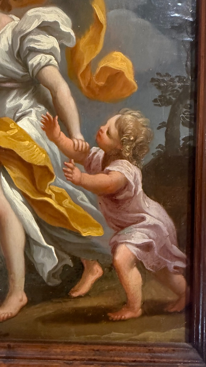 Oil On Canvas Depicting A Guardian Angel With A Child. (relined). By Pietro Da Cortona.-photo-2