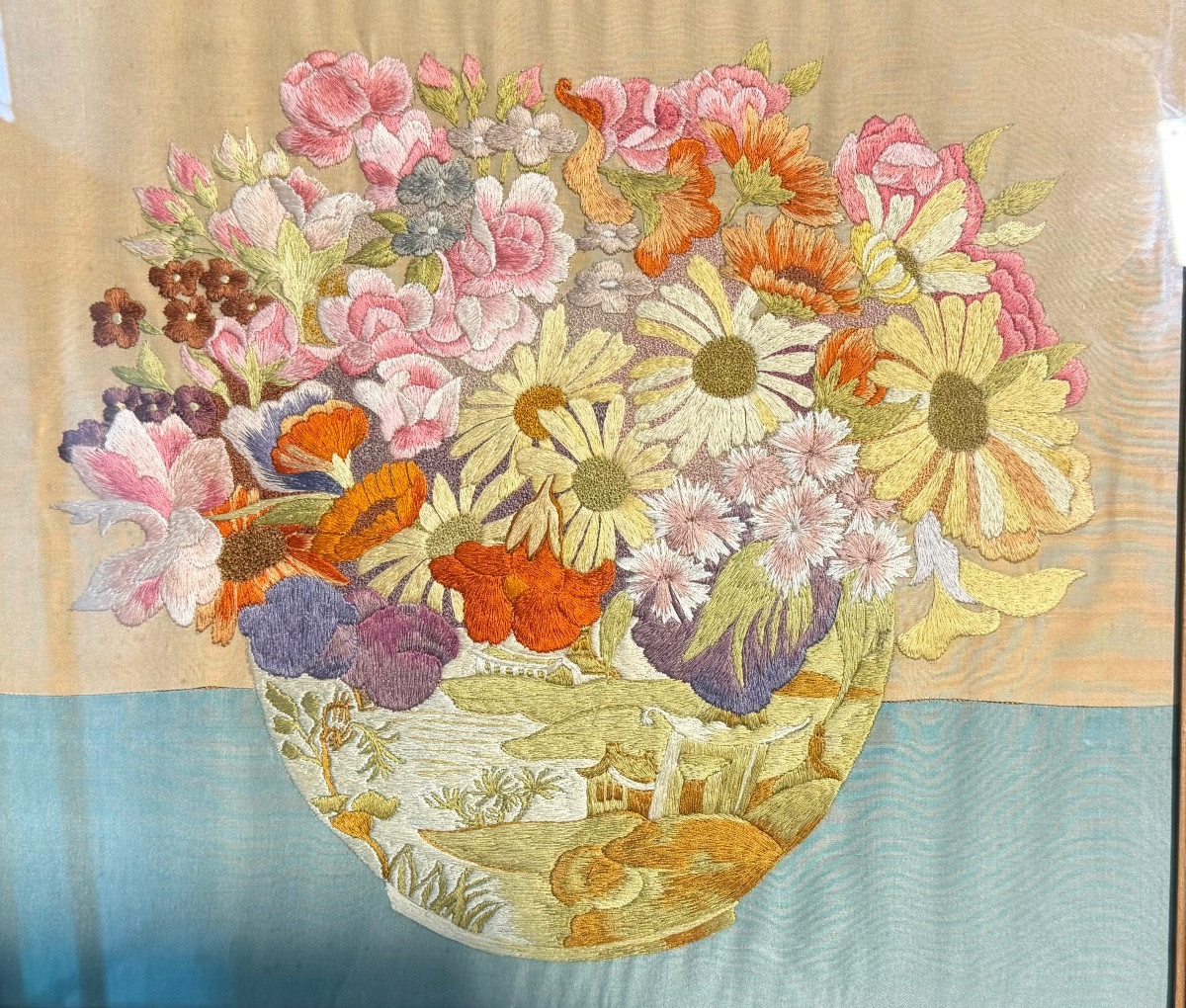 Framed Panel With Flower Vase Embroidered On Fabric. -photo-3