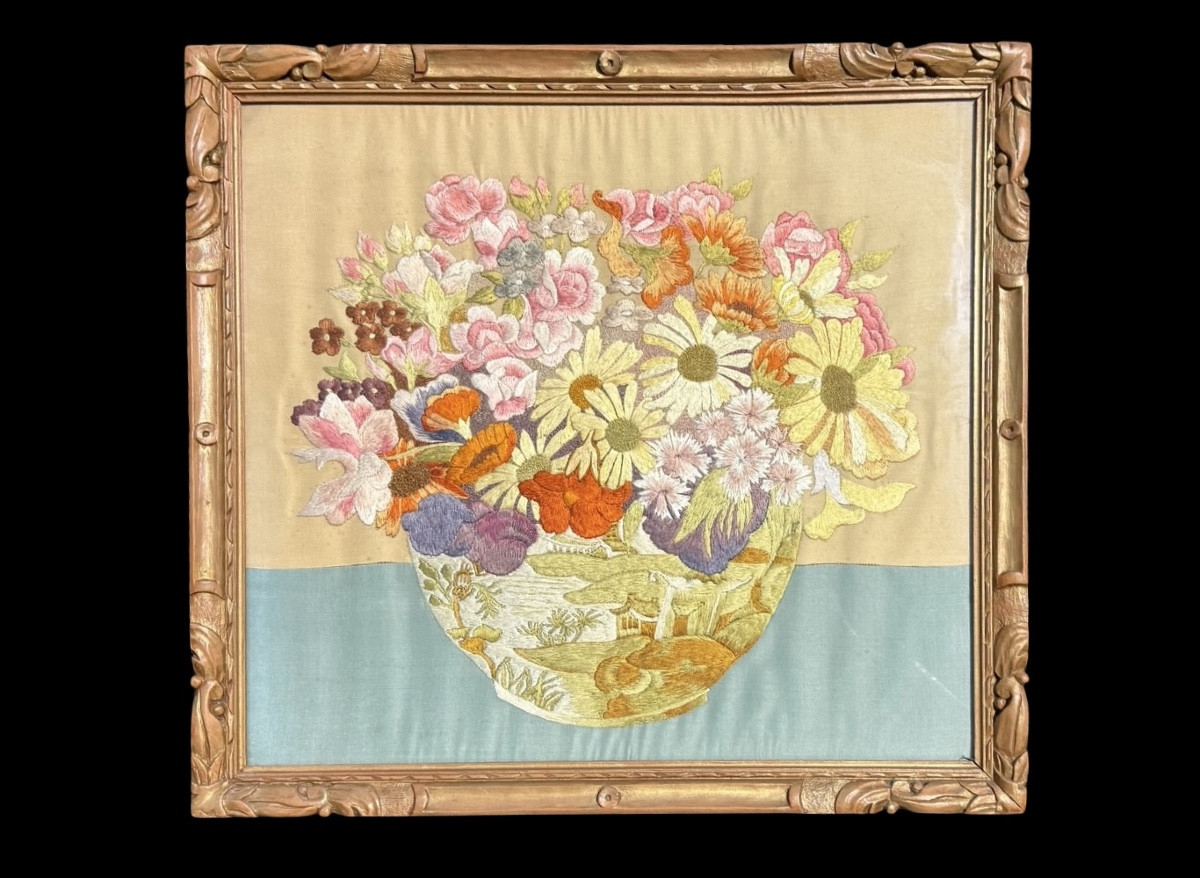 Framed Panel With Flower Vase Embroidered On Fabric. 