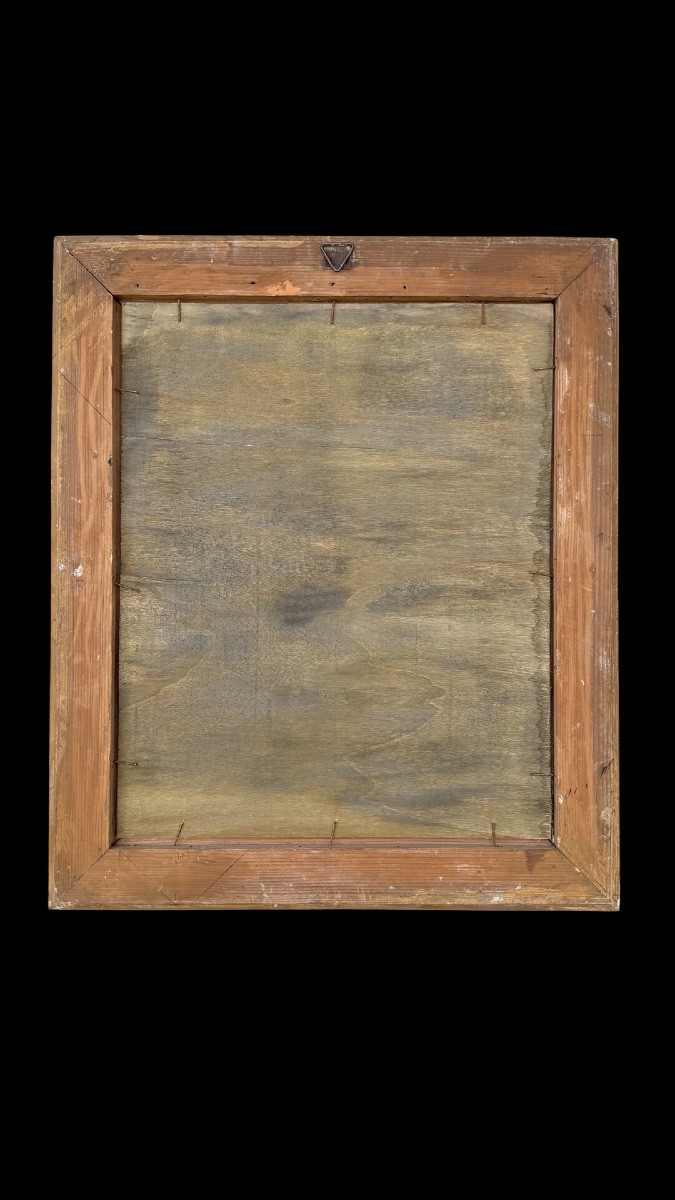 Peinture à l'huile sur carton représentant une figure féminine nue avec une lyre. -photo-2